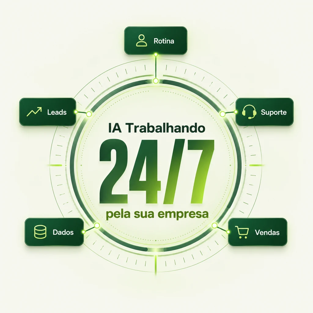 IA trabalhando 24 horas por dia conectada às áreas de rotina, leads, suporte, dados e vendas